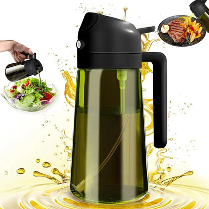 Oil dispenser with olive oil being poured into a salad and used on a steak, surrounded by olive oil splashes.