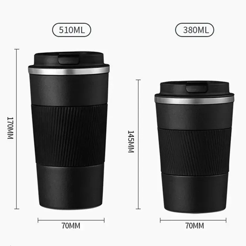 Two black travel mugs with measurements on a white background