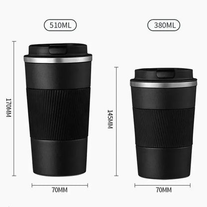 Two black travel mugs with measurements on a white background