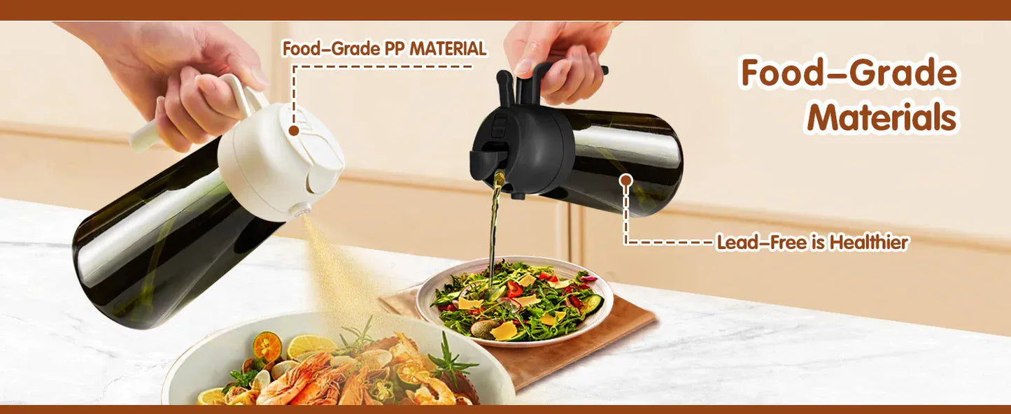 Two hands pouring oil from a black and white bottle onto a salad on a table with text about food-grade materials.