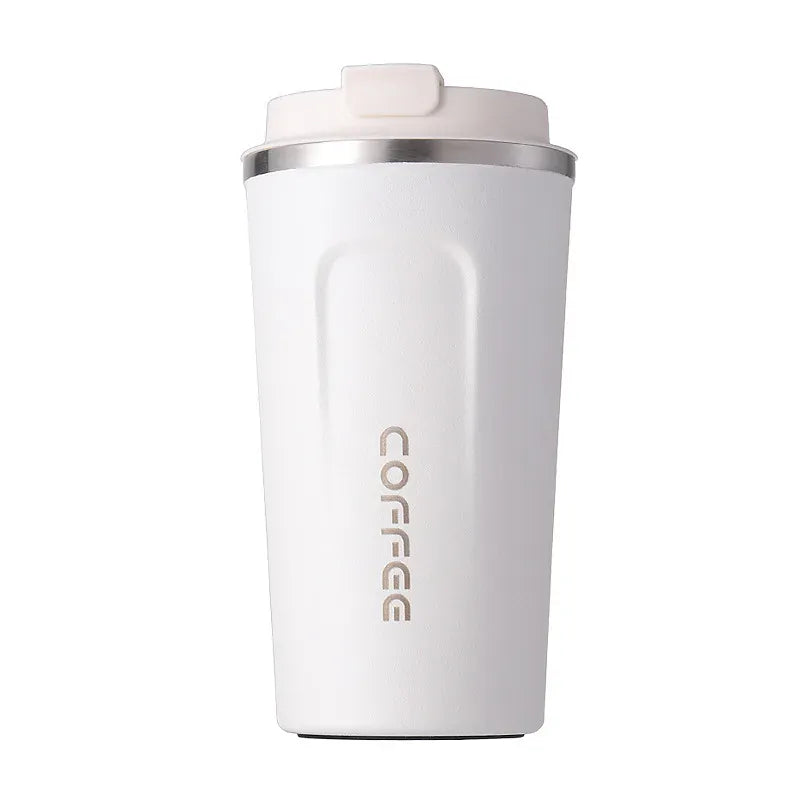 White insulated coffee tumbler with 'COFFEE' text on a white background