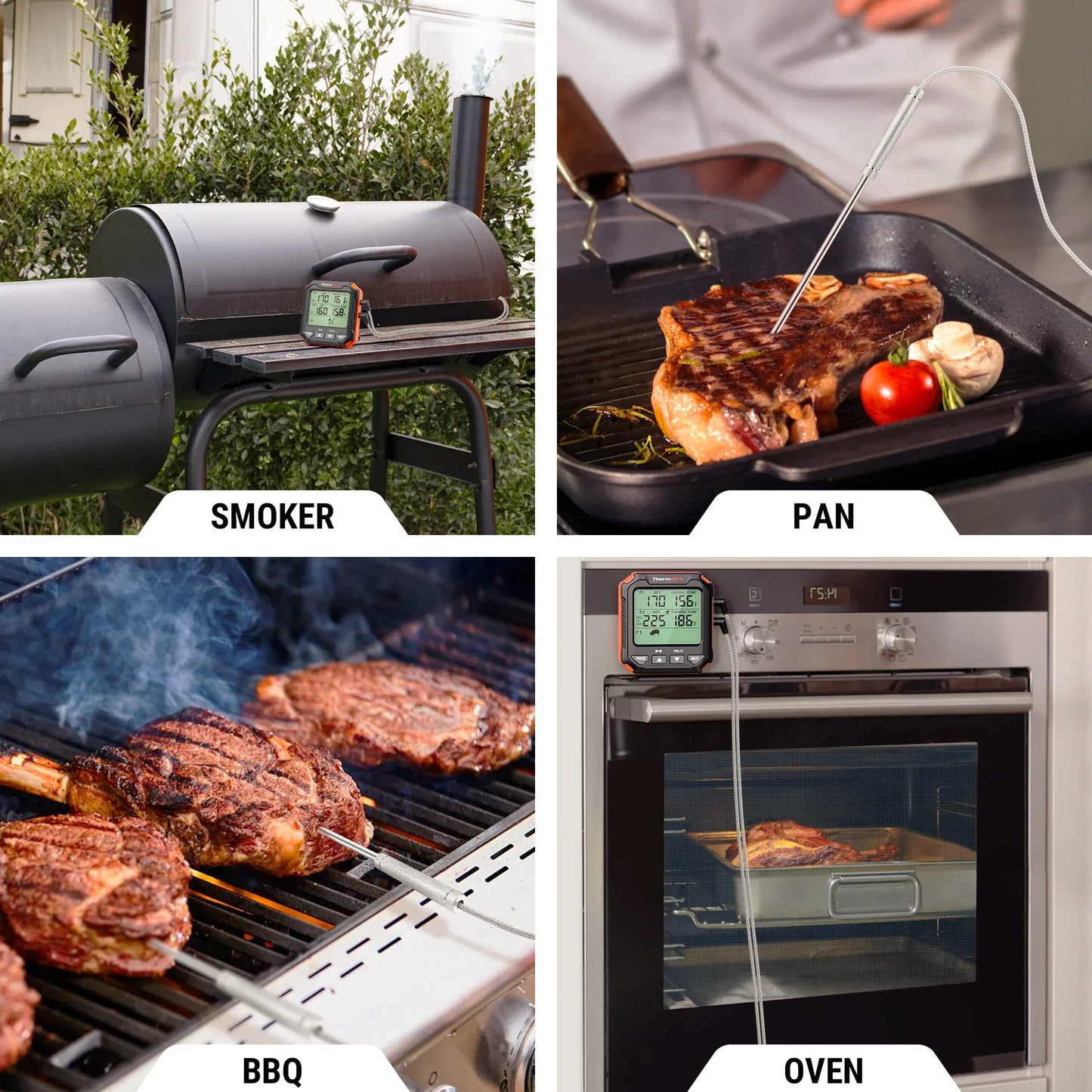 Collage of different cooking methods including smoker, pan, BBQ, and oven.