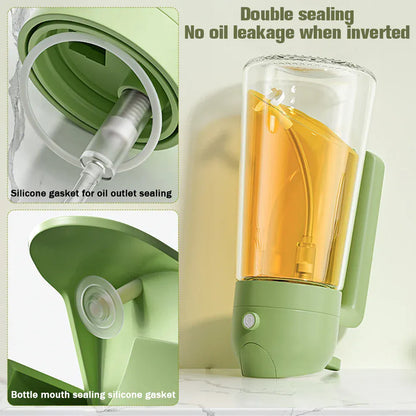 Green oil bottle with silicone gasket feature and oil leakage prevention mechanism.