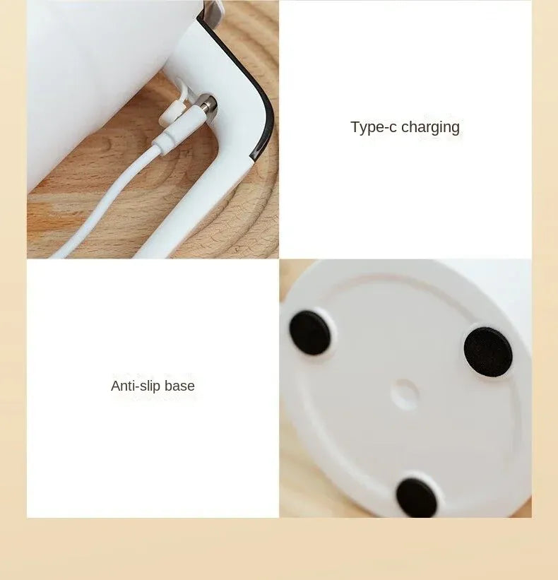 White electronic device with Type-C charging cable and anti-slip base on a wooden surface.