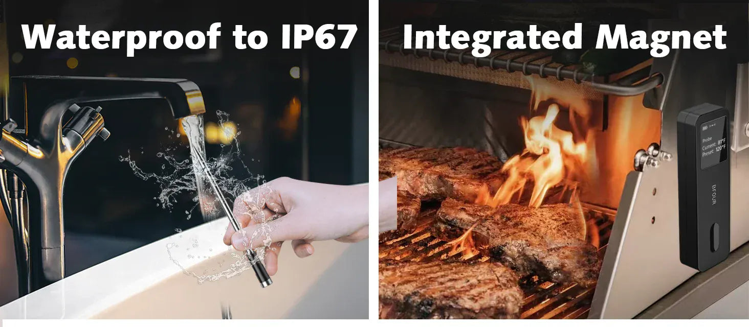 Two images showing a product's waterproof feature and integrated magnet capability.