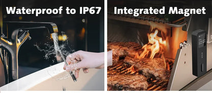 Two images showing a product's waterproof feature and integrated magnet capability.