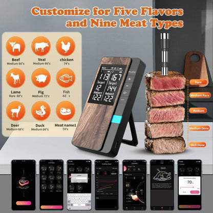 Digital meat thermometer with smartphone app interface, displayed with cooked meats and temperature chart.