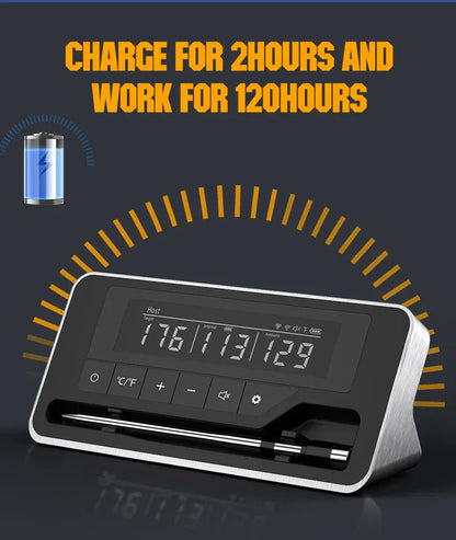 Digital clock with battery icon and text 'Charge for 2 hours and work for 120 hours' on a dark background