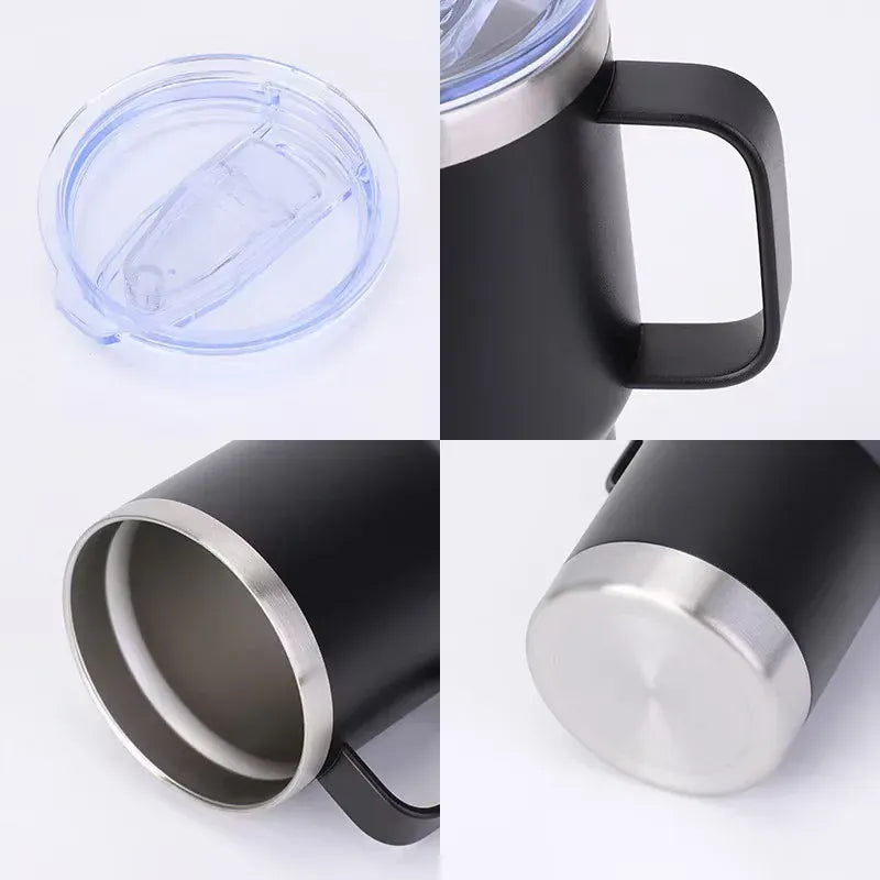 Black insulated mug with silver rim and handle on a white background