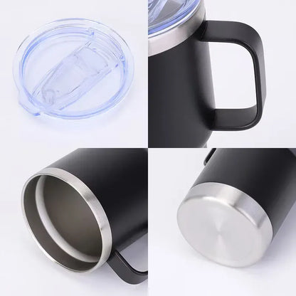 Black insulated mug with silver rim and handle on a white background