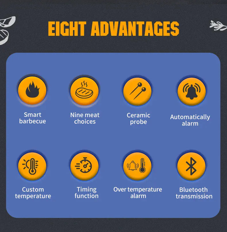 List of eight advantages with icons and text on a blue background