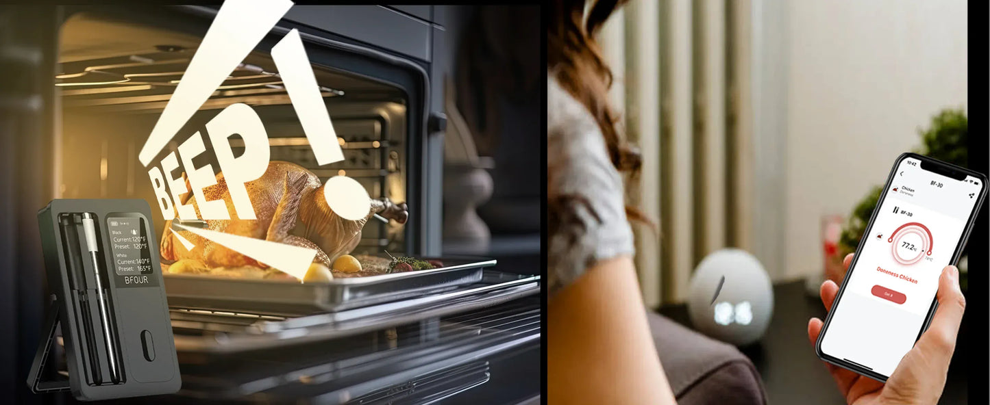 Oven with food cooking and a person using a smartphone app on a blurred background