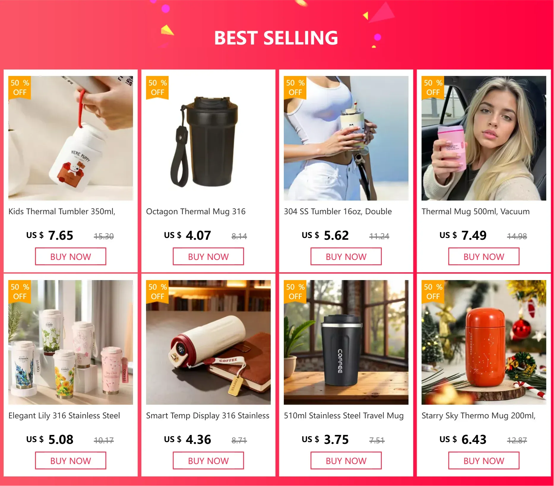 Grid of best-selling thermal mugs with product images, prices, and 'Buy Now' buttons on a pink background.