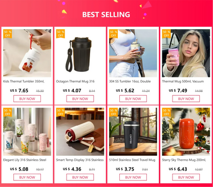 Grid of best-selling thermal mugs with product images, prices, and 'Buy Now' buttons on a pink background.