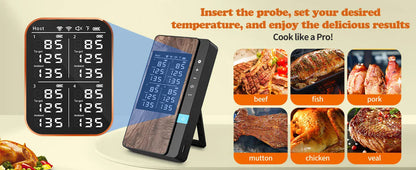 Digital meat thermometer with smartphone app for cooking temperature monitoring, displayed with food images and text.