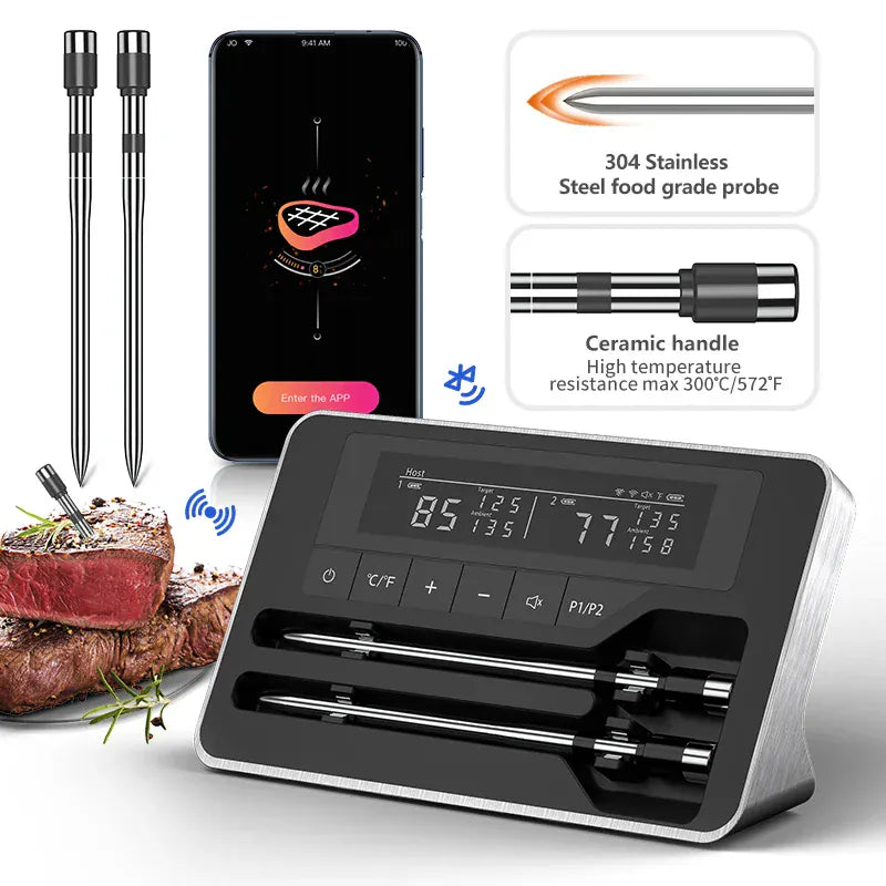 Digital meat thermometer with probes, smartphone app, and food sample on a white background