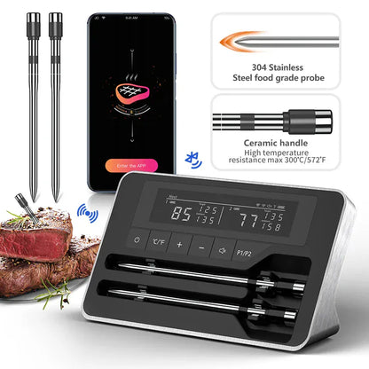 Digital meat thermometer with probes, smartphone app, and food sample on a white background