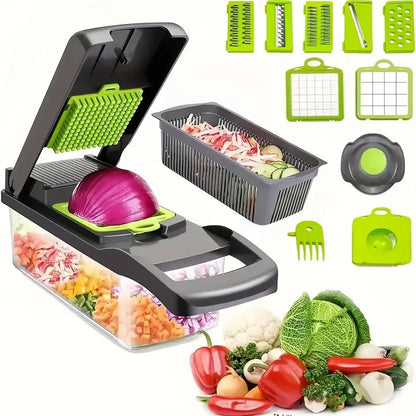 Vegetable chopper with various attachments and chopped vegetables displayed.