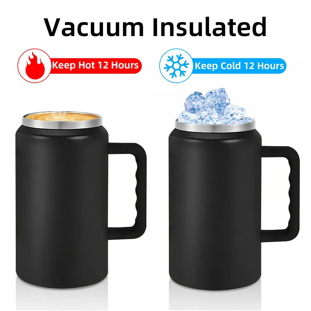 Two black vacuum insulated mugs with handles, one containing a hot beverage and the other ice cubes, on a white background.
