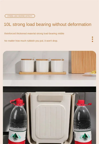 No-Bend Hanging Kitchen Trash Can – Foldable 9L Waste Bin for Cabinet Doors.