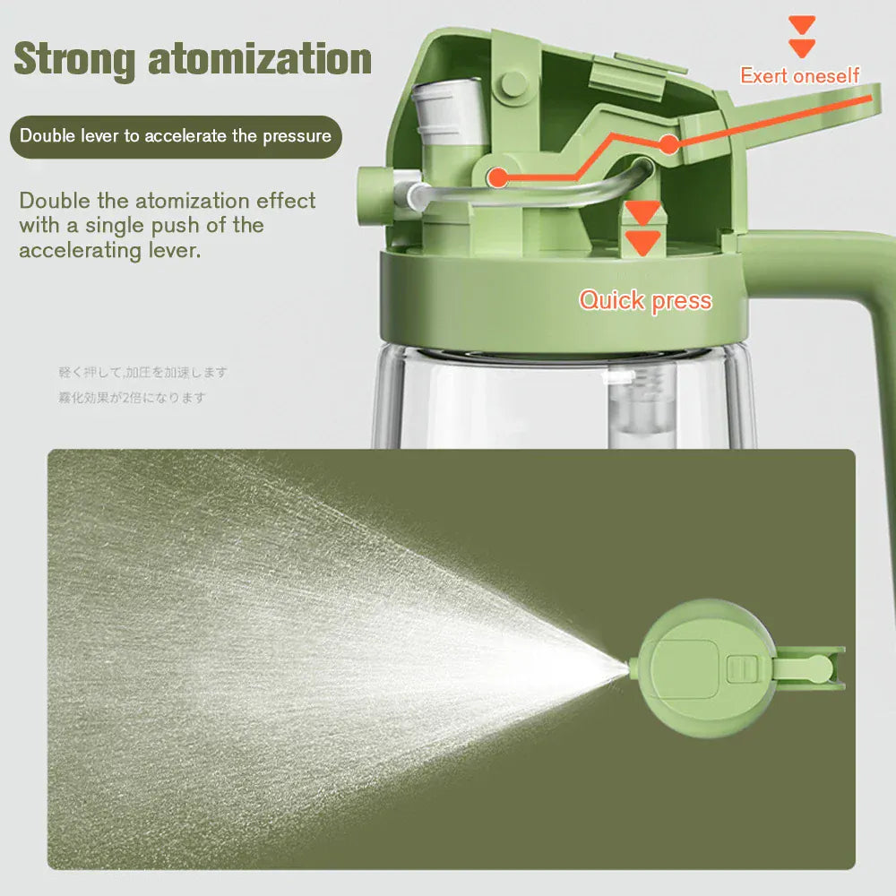 Green atomizer with detailed features and spray demonstration on a light gray background