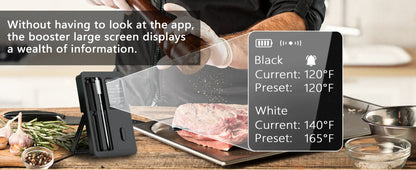 Person using a digital thermometer on raw meat with a screen displaying temperature information.