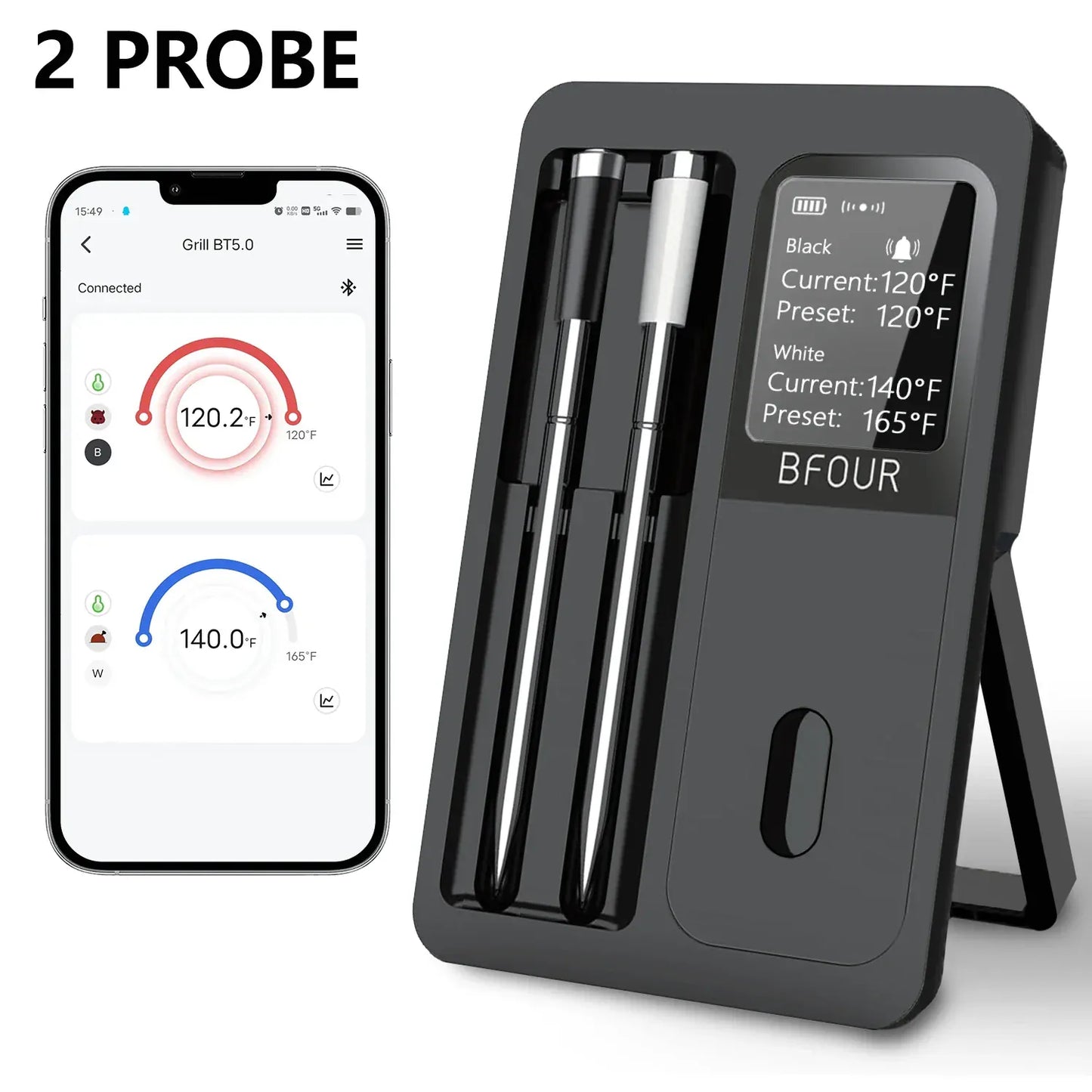 Temperature probe device with digital display and smartphone app showing temperature readings.