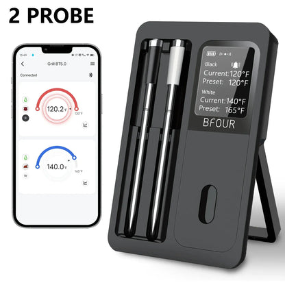 Temperature probe device with digital display and smartphone app showing temperature readings.
