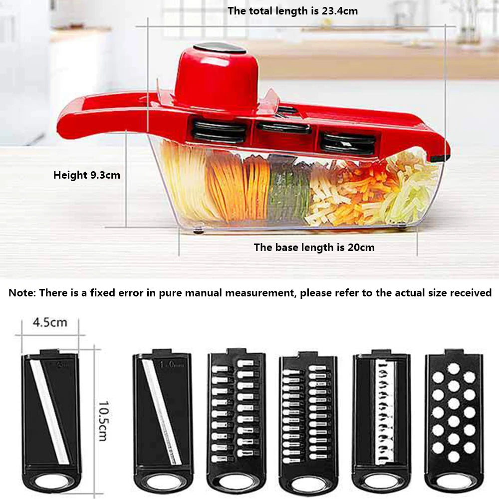 Red kitchen slicer with measurements and attachments on a white background
