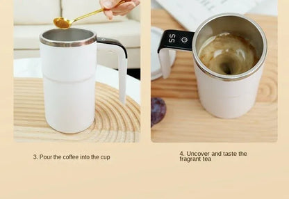 Two images showing a white ceramic tea infuser with coffee and tea being added.