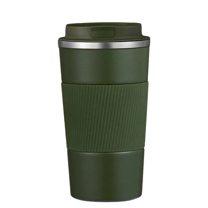 Green travel mug with a silver lid on a white background