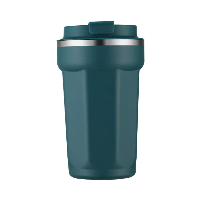 Teal insulated mug with a silver rim on a white background