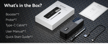 BFOUR product set with packaging, probe, cable, and manuals on a textured surface