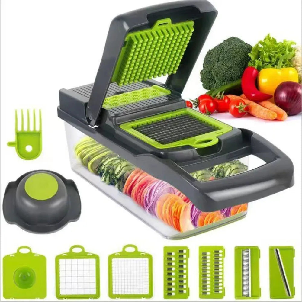 Multifunctional vegetable chopper with various attachments and sliced vegetables on a white background