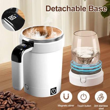 White electric tea maker with detachable base on a wooden surface, surrounded by coffee beans.