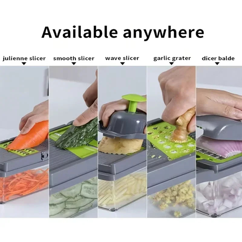 Multifunctional kitchen slicer with various attachments being used on vegetables.