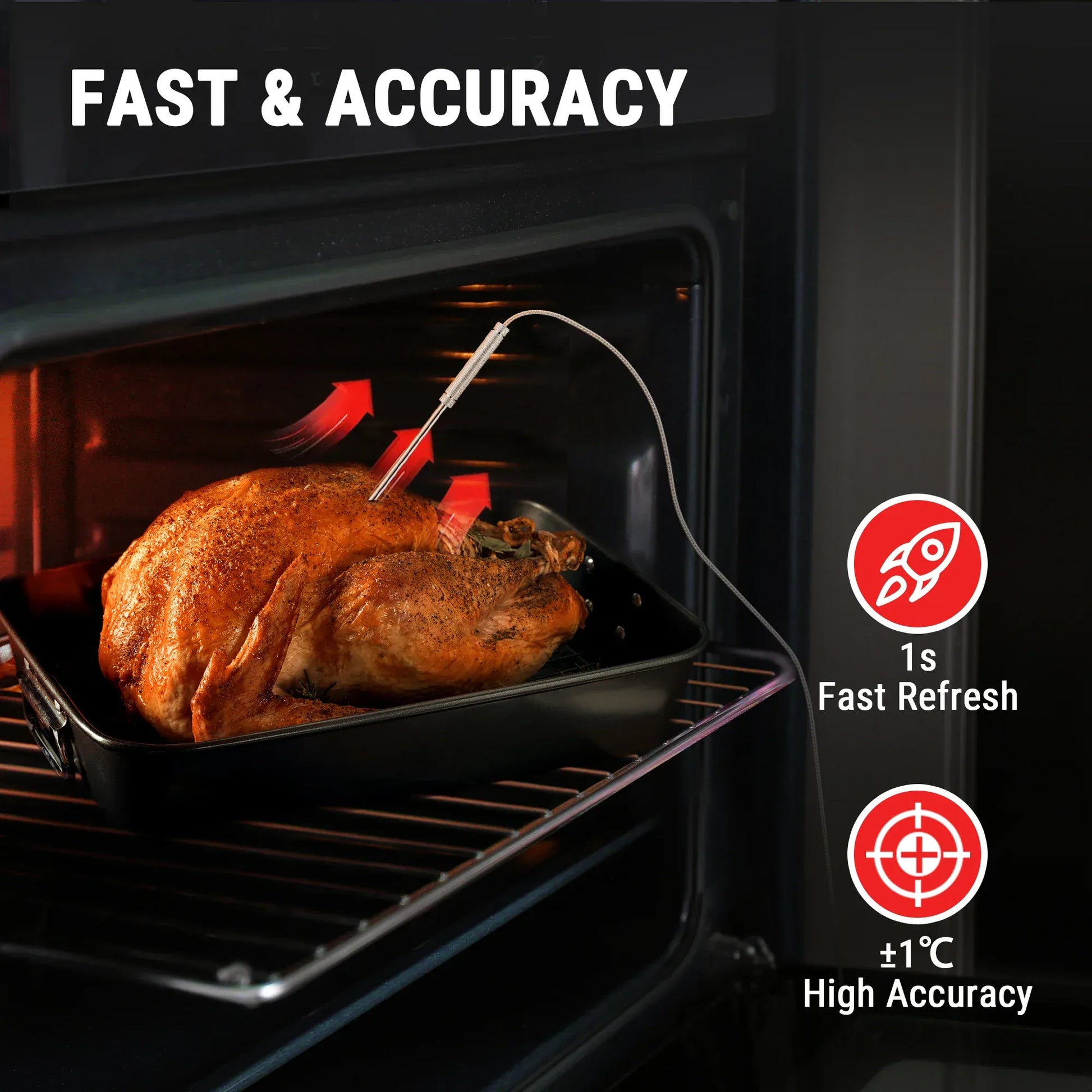 Oven with a roasted turkey and temperature probe, labeled 'Fast & Accuracy'.