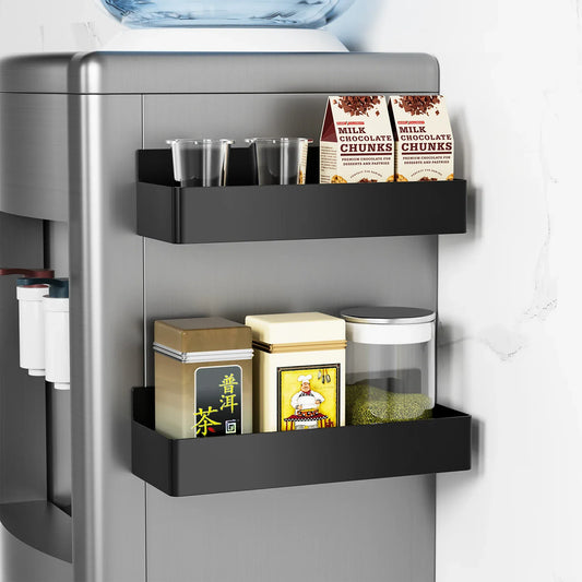 Fridge shelf with various items including containers and boxes on a white background