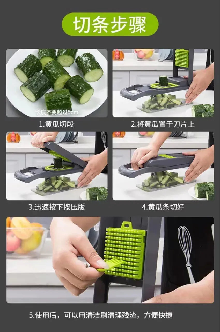 Step-by-step guide on using a vegetable chopper with images of cutting cucumbers.
