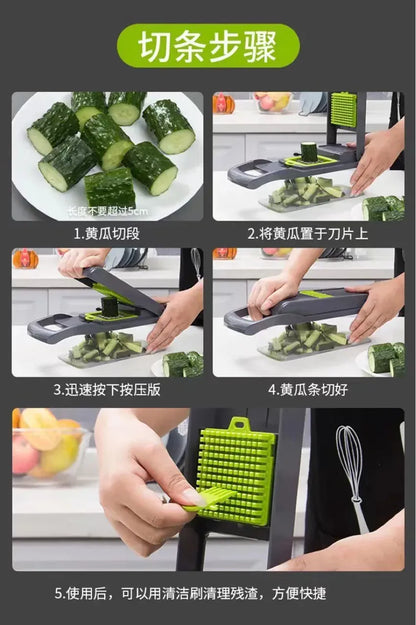 Step-by-step guide on using a vegetable chopper with images of cutting cucumbers.