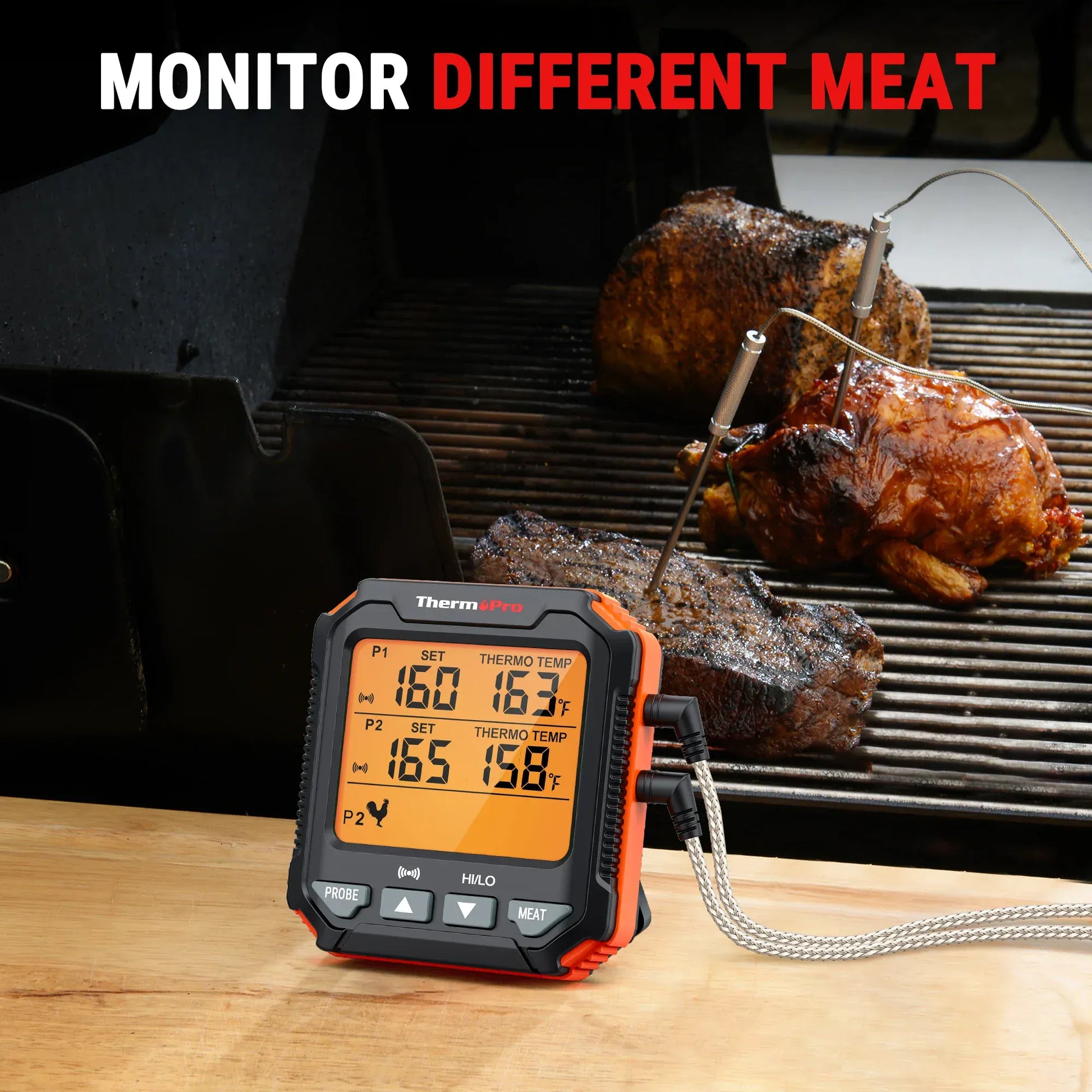 Digital meat thermometer on a grill with cooked meat, displaying temperature readings.
