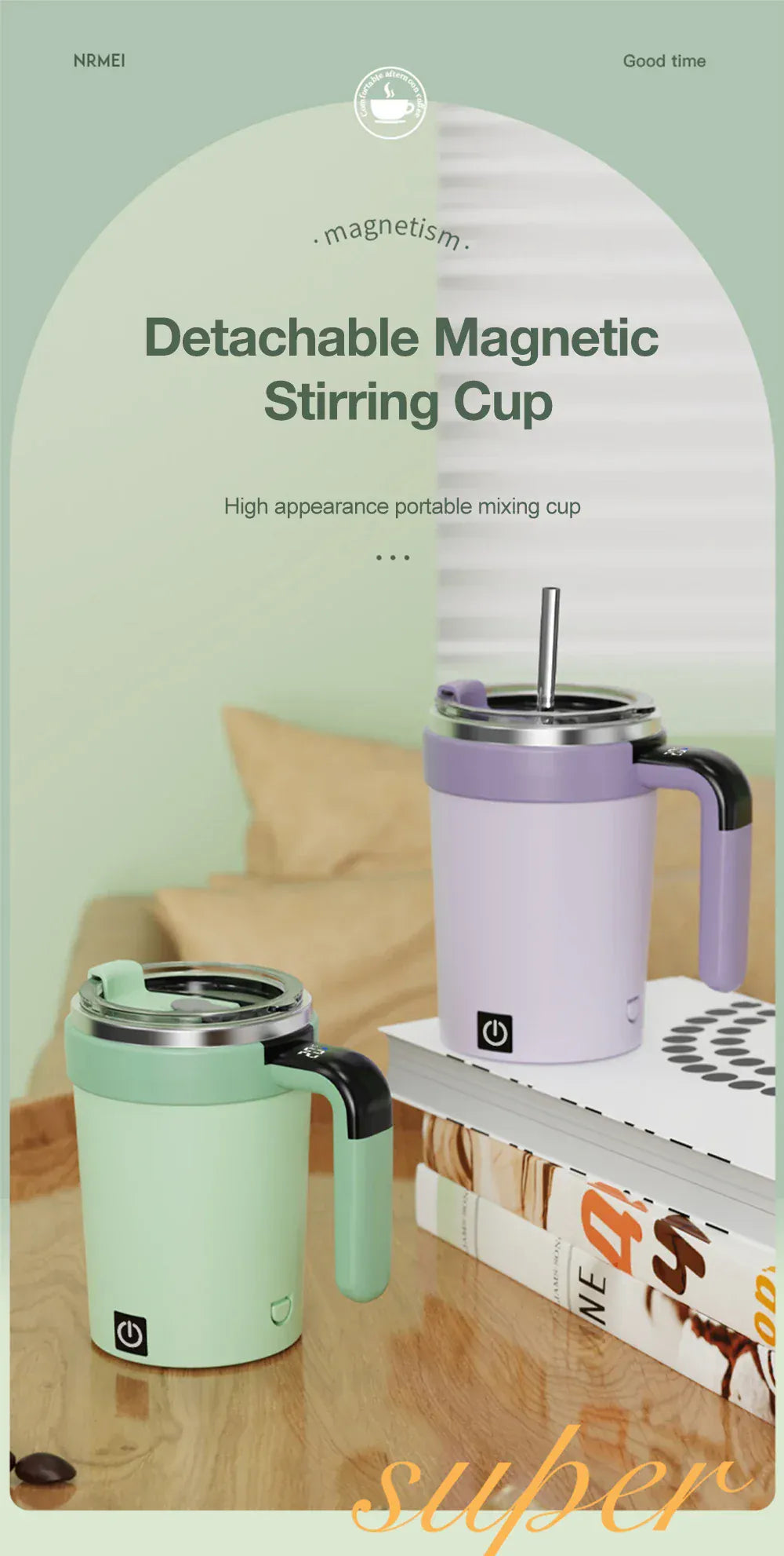 Detachable magnetic stirring cups on a wooden surface with a neutral background