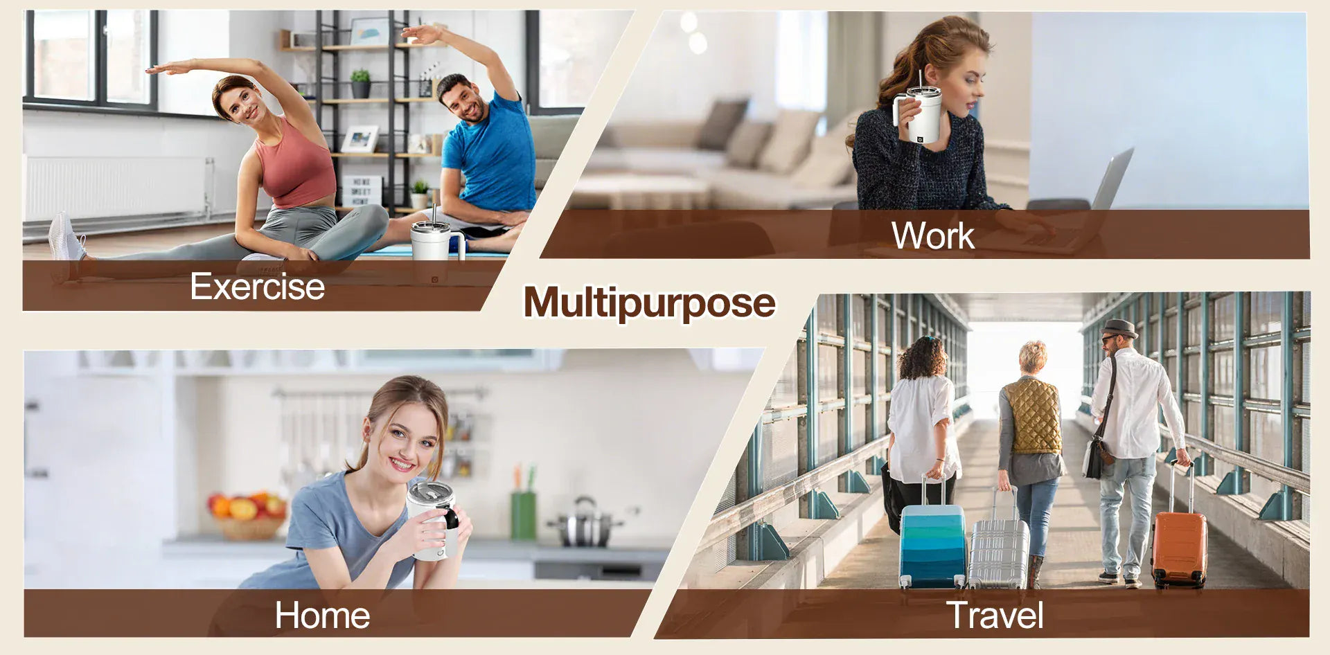 Collage of people in different settings labeled 'Exercise', 'Work', 'Home', and 'Travel'.