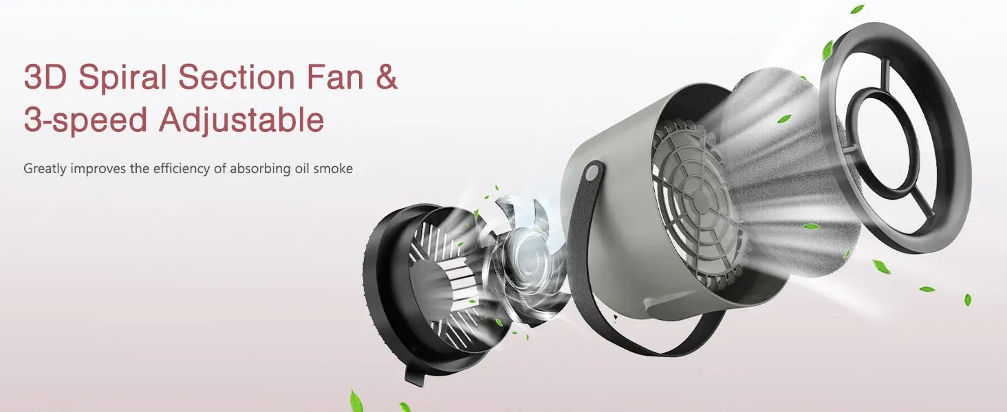 3D Spiral Section Fan with 3-speed adjustable feature on a light gray background
