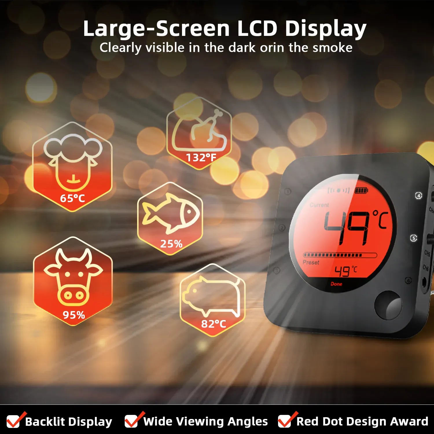 Digital thermometer with large-screen LCD display on a dark background