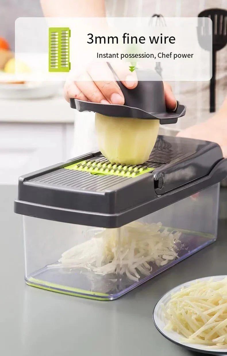 Hand using a mandoline slicer to shred potatoes with text indicating '3mm fine wire' and 'Instant possession, Chef power'.