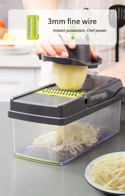 Hand using a mandoline slicer to shred potatoes with text indicating '3mm fine wire' and 'Instant possession, Chef power'.