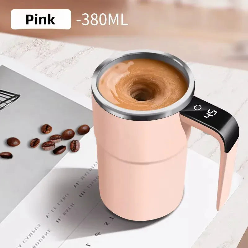 Pink mug with coffee on a newspaper, surrounded by coffee beans.