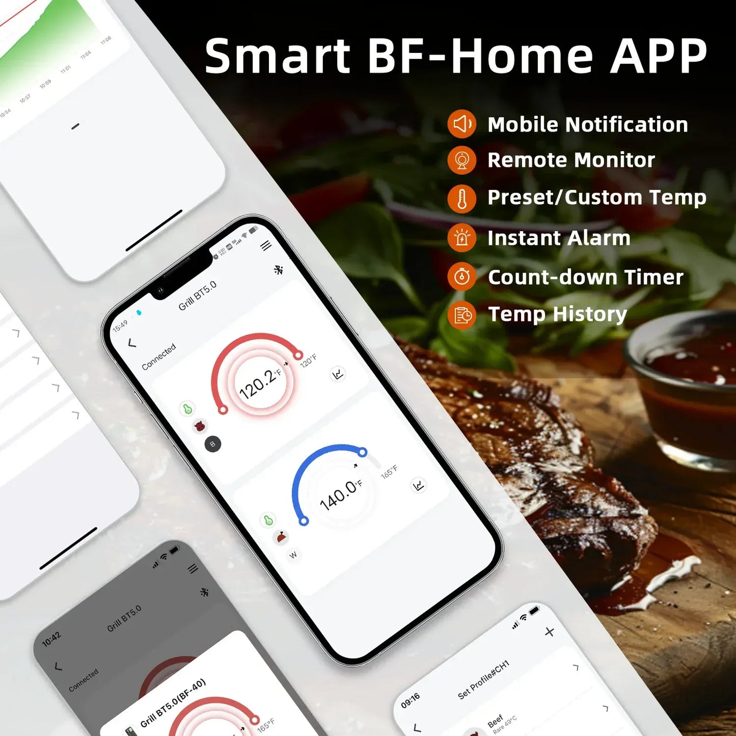 Smart BF-Home APP interface on a smartphone with cooking scene in the background