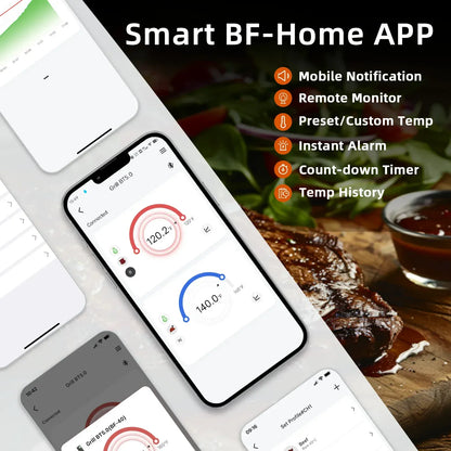 Smart BF-Home APP interface on a smartphone with cooking scene in the background